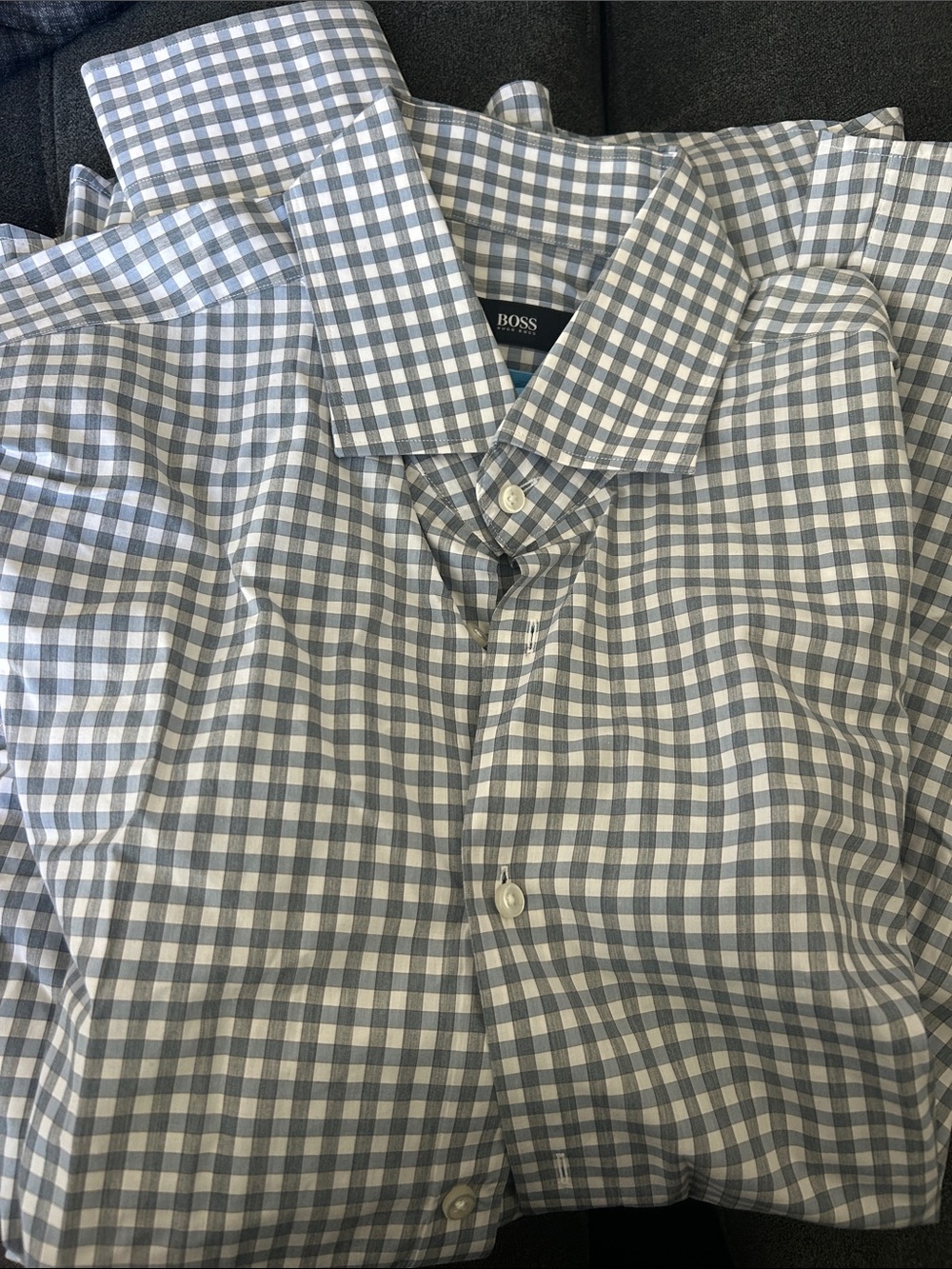 BOSS Men's Gray and White Gingham Dress Shirt
